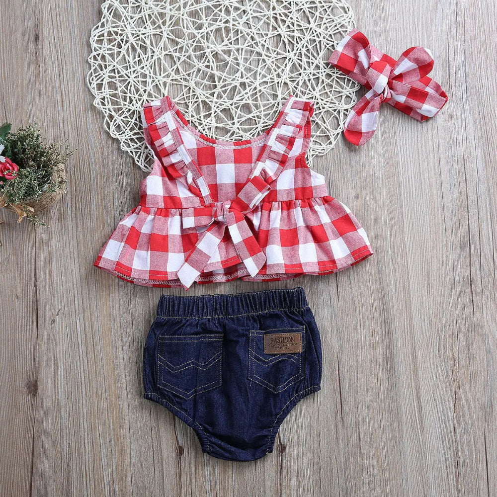 Baby Girls Clothes Sets Red and White Plaid Sleeveless Top Denim Shorts with Headband Toddler Girl Summer Outfits 0-3T