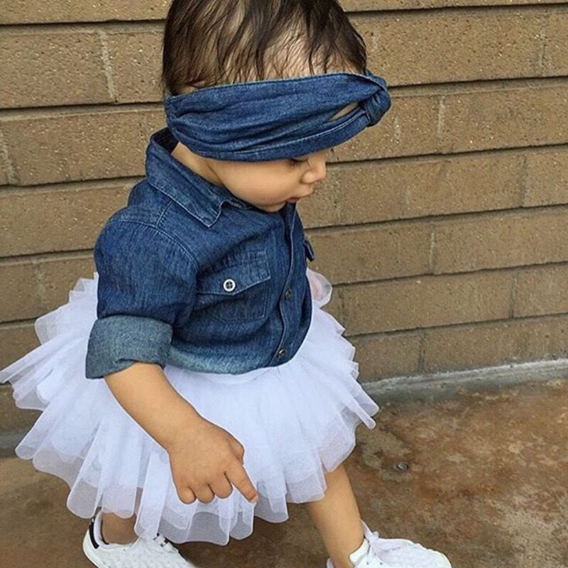 Denim Dreams: Long Sleeve Button-Down & Mesh Tutu Skirt Set for Girls