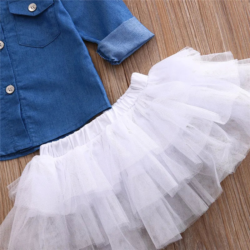 1-5Years Girls 3Pcs Clothes Set Blue Denim Long Sleeve Button-Down Folded Collar Blouse Mesh Tutu Short Skirt Girl Casual Outfit