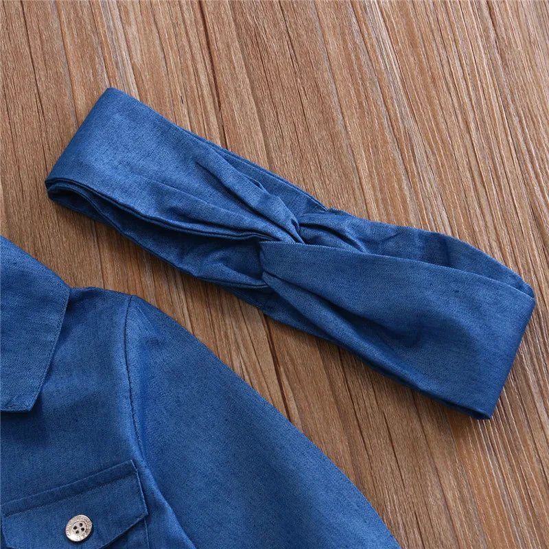 1-5Years Girls 3Pcs Clothes Set Blue Denim Long Sleeve Button-Down Folded Collar Blouse Mesh Tutu Short Skirt Girl Casual Outfit