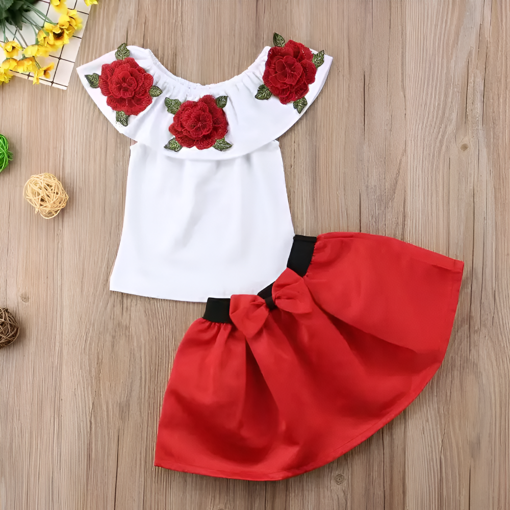 Little Diva Set: Rose Blouse & Red Bow Skirt – European Style for Kids