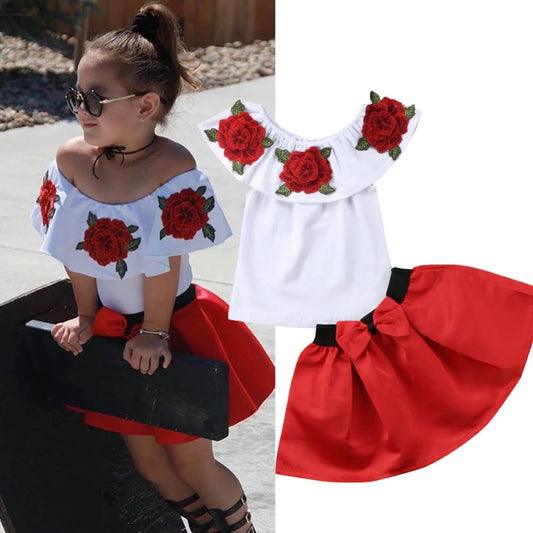 Little Diva Set: Rose Blouse & Red Bow Skirt – European Style for Kids