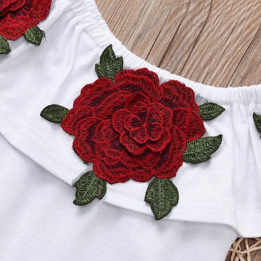 Little Diva Set: Rose Blouse & Red Bow Skirt – European Style for Kids