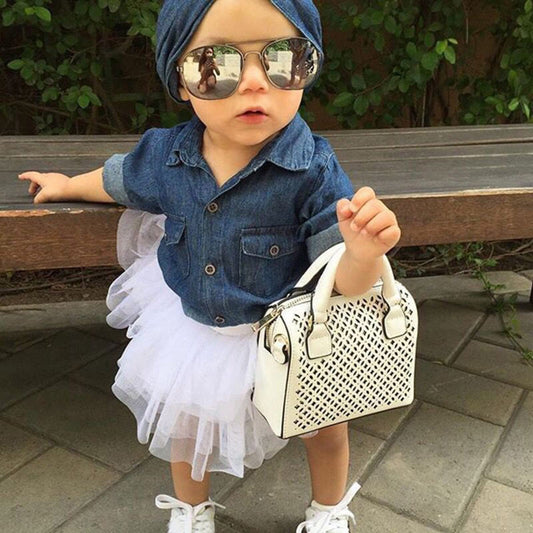Denim Dreams: Long Sleeve Button-Down & Mesh Tutu Skirt Set for Girls