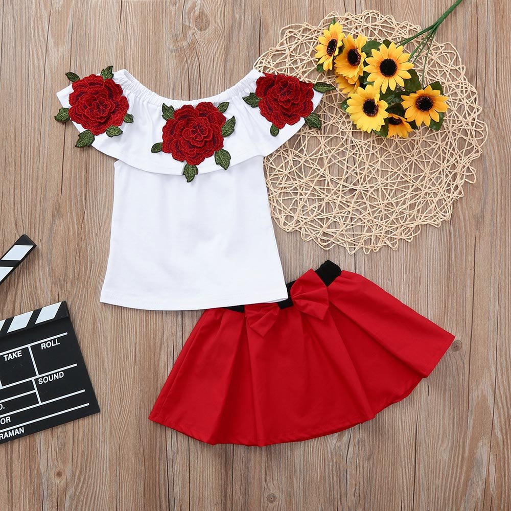 Little Diva Set: Rose Blouse & Red Bow Skirt – European Style for Kids