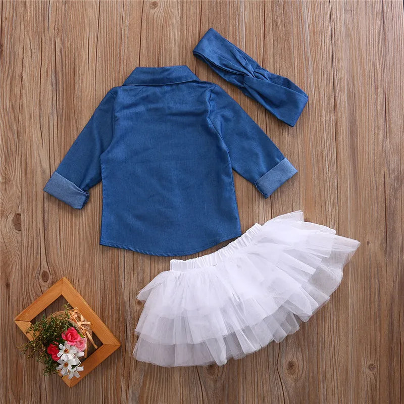 1-5Years Girls 3Pcs Clothes Set Blue Denim Long Sleeve Button-Down Folded Collar Blouse Mesh Tutu Short Skirt Girl Casual Outfit