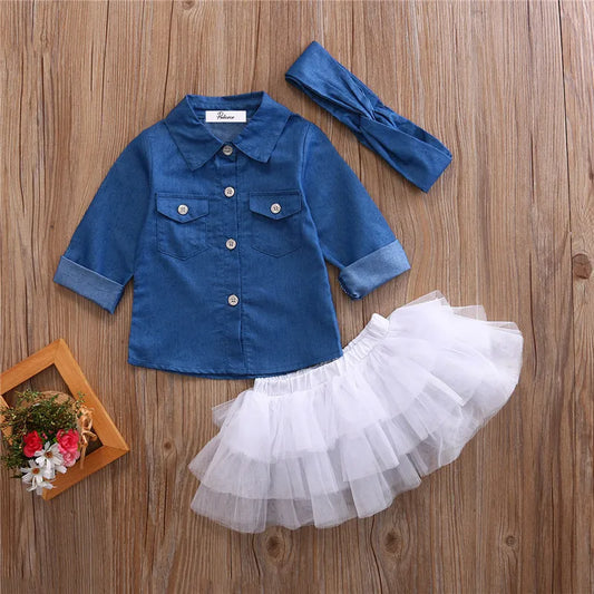 1-5Years Girls 3Pcs Clothes Set Blue Denim Long Sleeve Button-Down Folded Collar Blouse Mesh Tutu Short Skirt Girl Casual Outfit